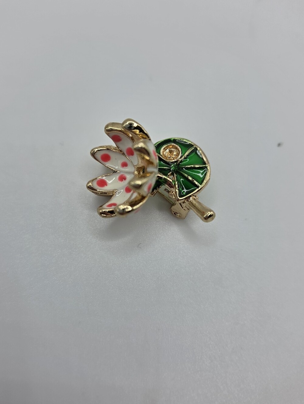 Gold Lotus Flower Brooch White Pink Polka Dot Enamel Green Leaf New - Picture 2 of 6